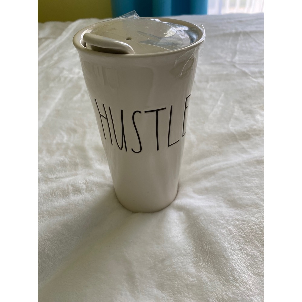 Rae Dunn Travel Mug Unisex OS White Hustle Ceramic Tumbler Farmhouse Chic